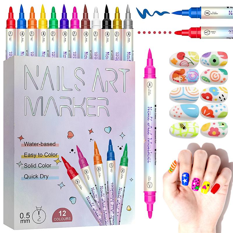 Double-Ended Nail Art Pens Set, Nail Polish Pens for Nail Art, Dual Tip, Nail Dotting Tool, Drawing Pen for Nail Design, Manicure Nail Pens for Salon and DIY at Home