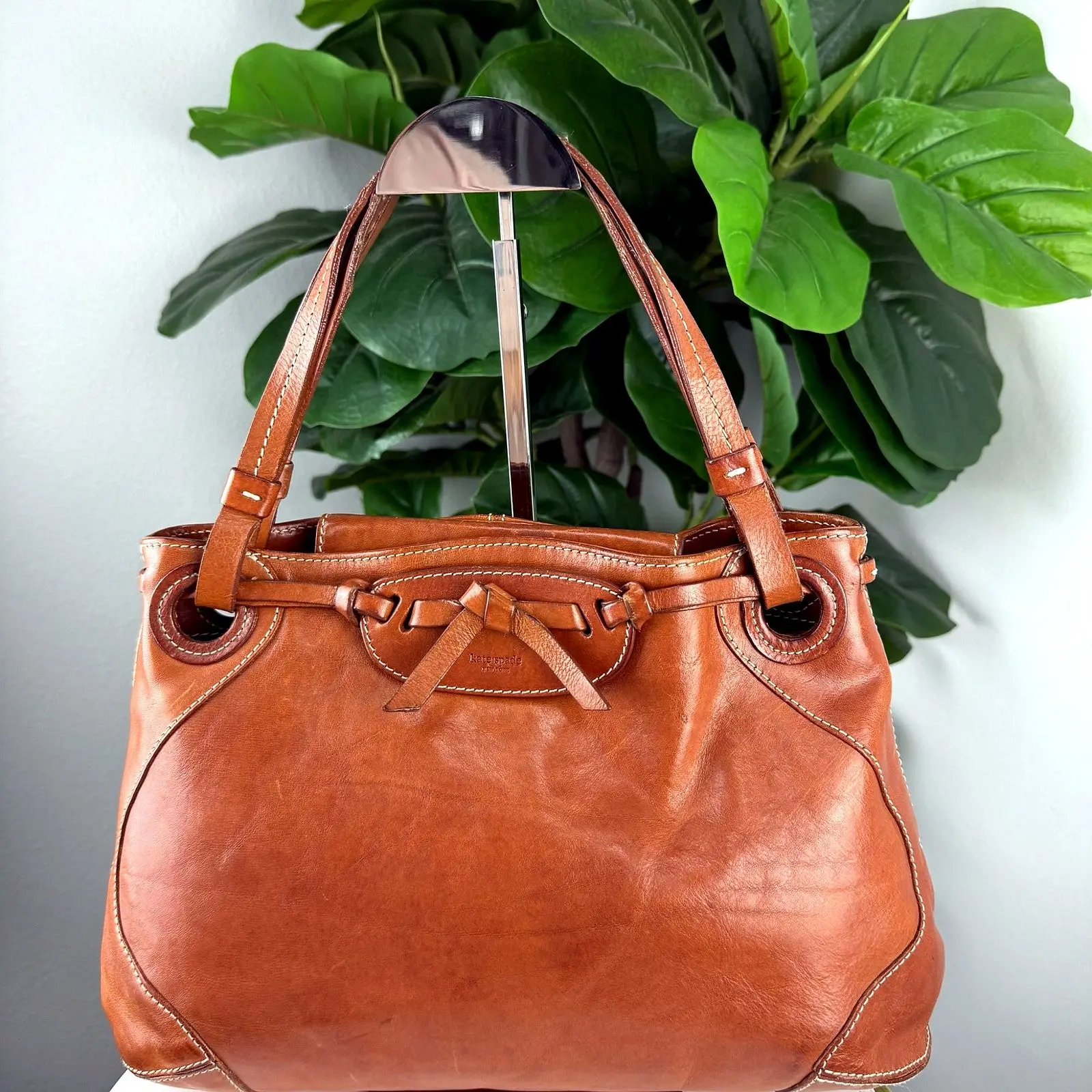 Pre-owned Leather Top Handle Bag Authentic Kate Spade Cognac Bow Satchel Bag