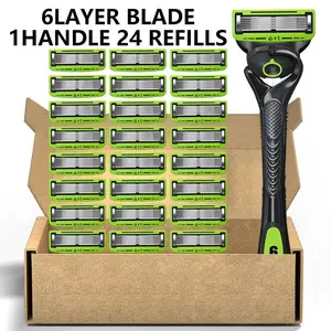【Upgraded Version】24-Piece Men's 6-Blade Razor with Lubricating Strip with Handle - Ultra Sharp Stainless Steel Blades for Smooth Shaving, Works with Standard Razor Handles, Bulk Disposable Blades Face Head Body Shaving