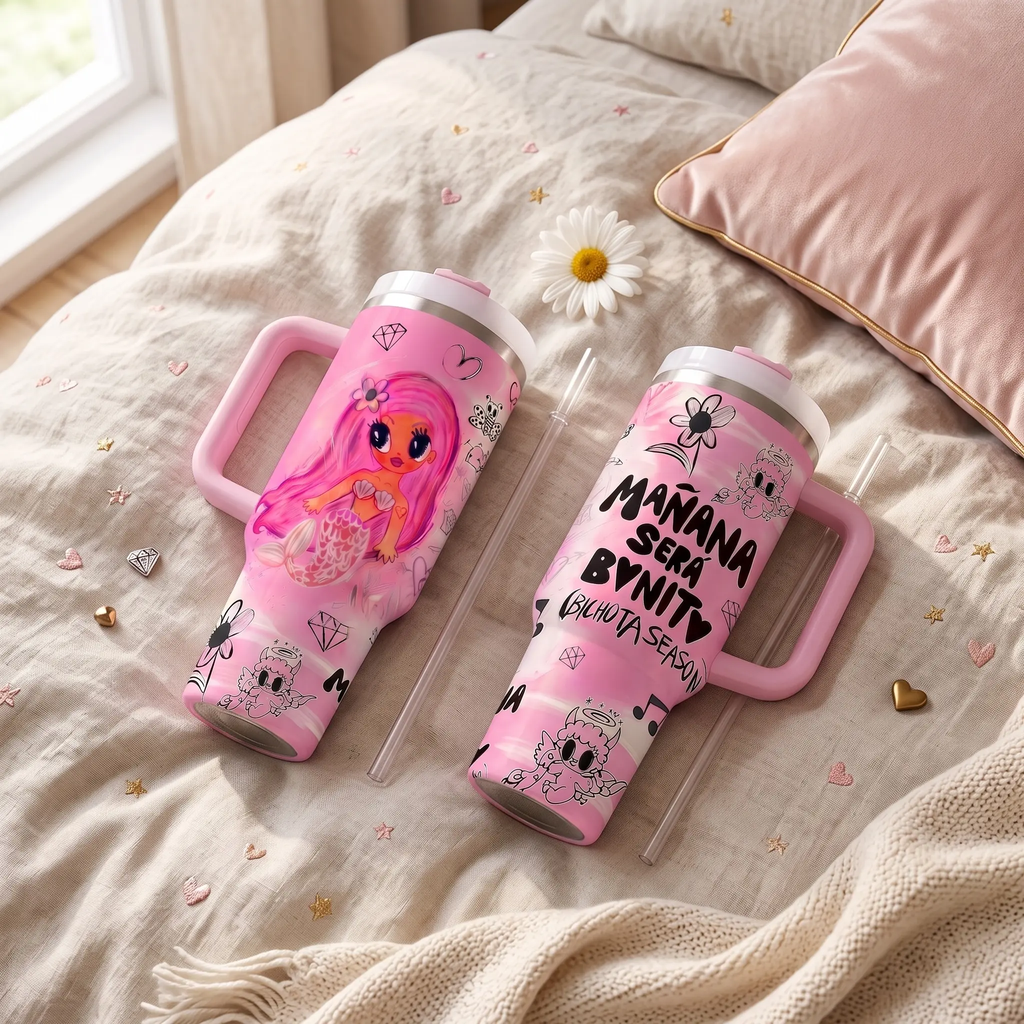 Pink Quencher Tumbler with Handle and Straw, Cute Cartoon Girl Aesthetic Insulated Travel Mug, 40oz Stainless Steel Water Bottle