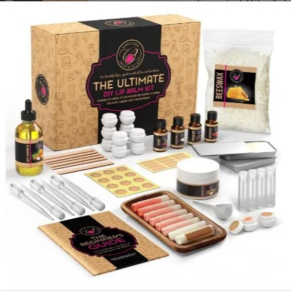 CraftZee Lip Balm Making Kit - DIY Lip Gloss Kit with Natural Beeswax Base, Shea Butter, Sweet Almond Oil, Essential Oils, Tubes, Jars & More Craft Kit for Adults
