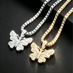 Iced Out Butterfly Pendant Necklace - 4mm Tennis Chain Hip Hop Bling Jewelry for Men Women