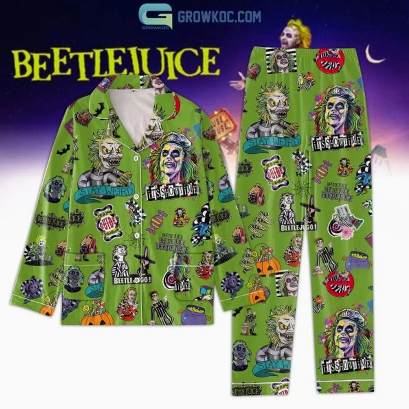 Beetlejuice It’s Show Time Green Design Pajamas Set