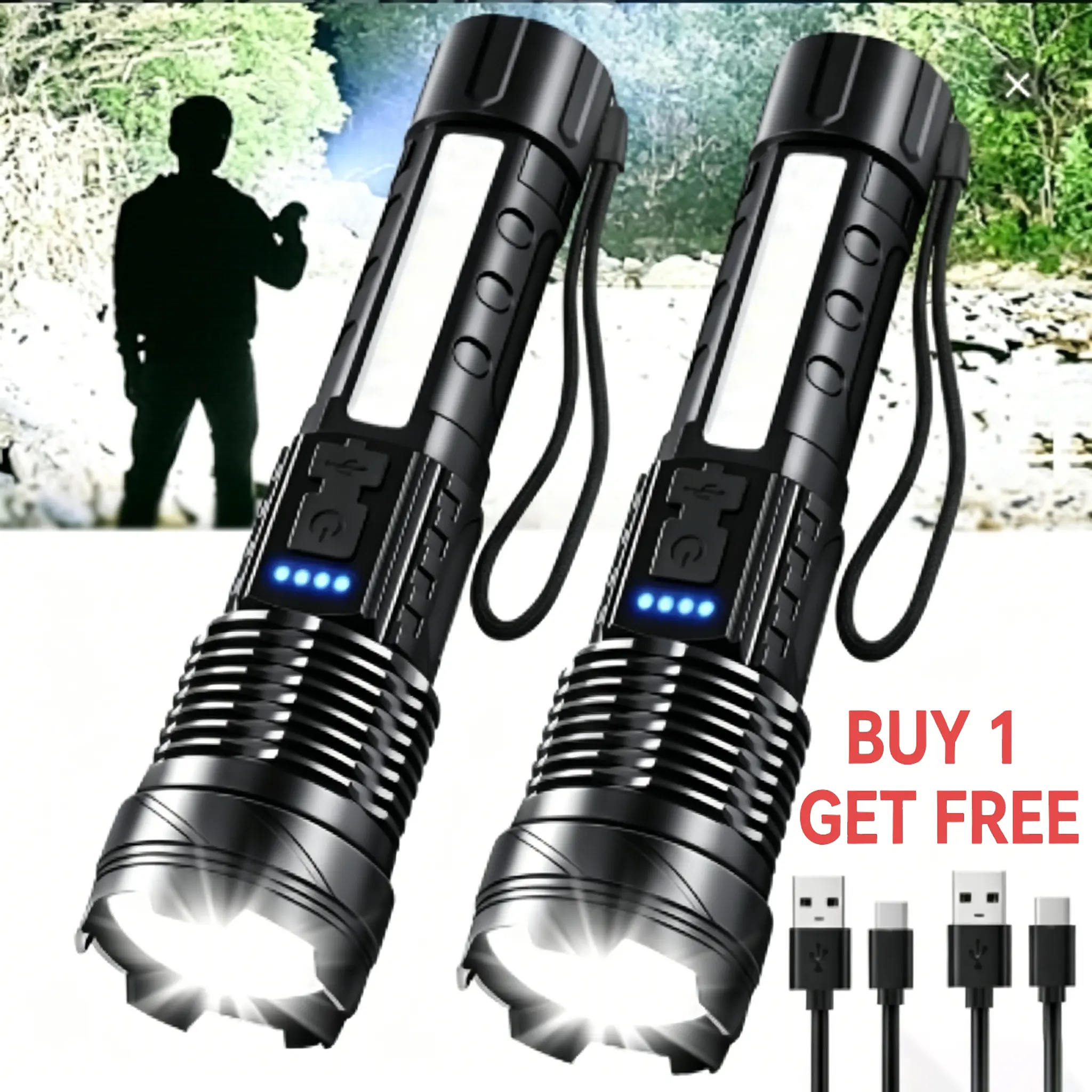 2-Pack Rechargeable Adjustable Portable Emergency Handheld LED Flashlights, Tactical Adult Light with 6 Versatile Modes, COB Sidelight, Zoomable Beam for Camping, Emergency - Father's Day Gift, Adjustable Led Flashlight, Emergency Led Flashlight