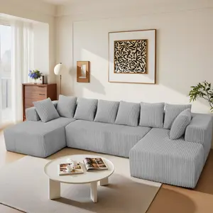 Aobtkel®130" Boneless Couch, Cloud Couch Sectional, Corduroy Sofa for Living Room, U Shaped Modular Sofa with Chaise, No Assembly, 4 Seats Oversized (Grey)