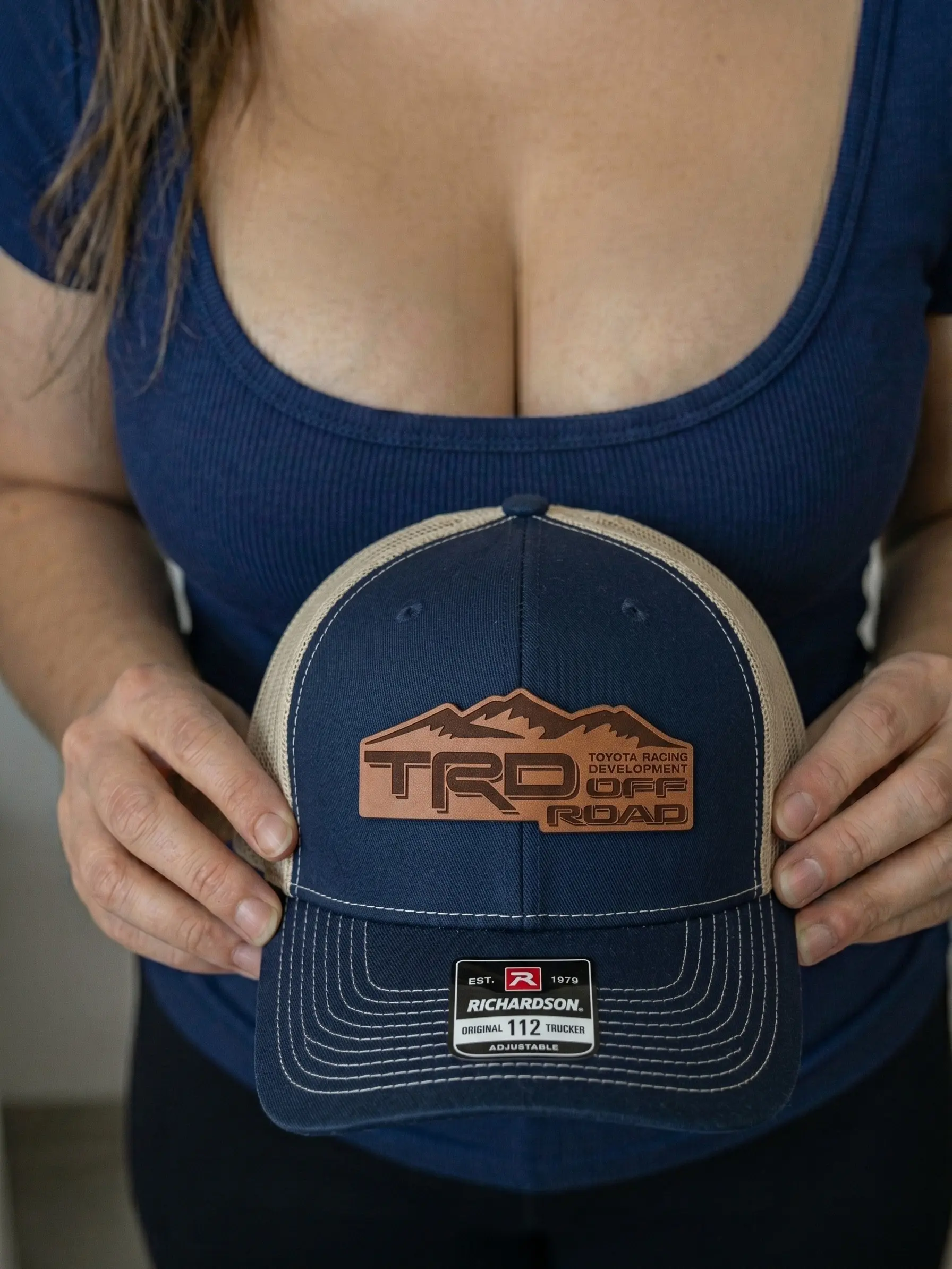 [Hat Patch] TRD Off-Road Leather Patch Trucker Hat - Richardson 112 Snapback Cap - Unique Toyota Racing Development Graphic Headwear - Meaningful Birthday Gift for Him or Truck Owners - Stylish Sun Protection Baseball Hat for Outdoor Events