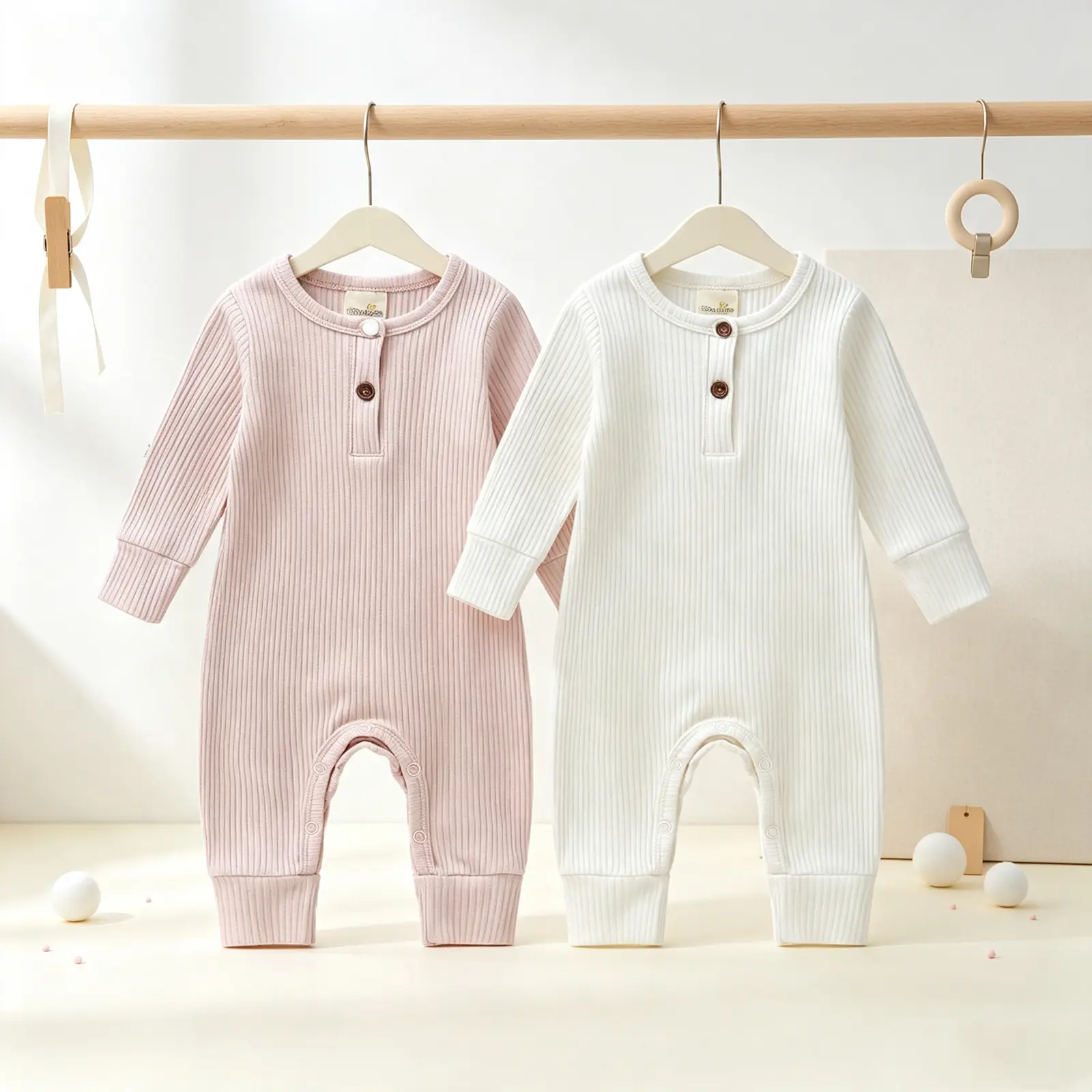 Newborn Baby Unisex Knitted Rib Cotton Blend Romper, Long Sleeve Long Pants Jumpsuit with Buttons, Solid Color Casual Clothes Fashion Apparel