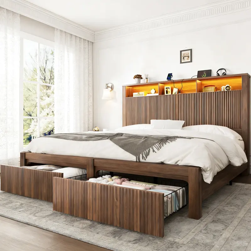 TryLazy Bed Frame with Storage Headboard & USB Charging Station Noise Free No Box Spring Needed Easy Assembly Stabilized Support Silent Convenient Connected