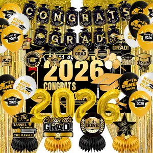 Graduation Party Decorations 2026–Black Gold Grad Banner, Class of Backdrop, Balloons, Fringe Curtains and Foil Balloon, Streamers Kit–Complete Graduation for High School & College Celebrations
