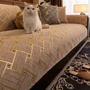 Bohemian chenille sofa cover, high-quality thickened chenille square rhombus pattern, non-slip sofa cushion, pet-friendly machine washable, universal in all seasons, bedroom protective cover, 1 piece gold embossed