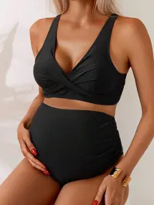 LAFERLIN Cross Front Elevated Rise Maternity Swim Set Summer Getaway Chic Look