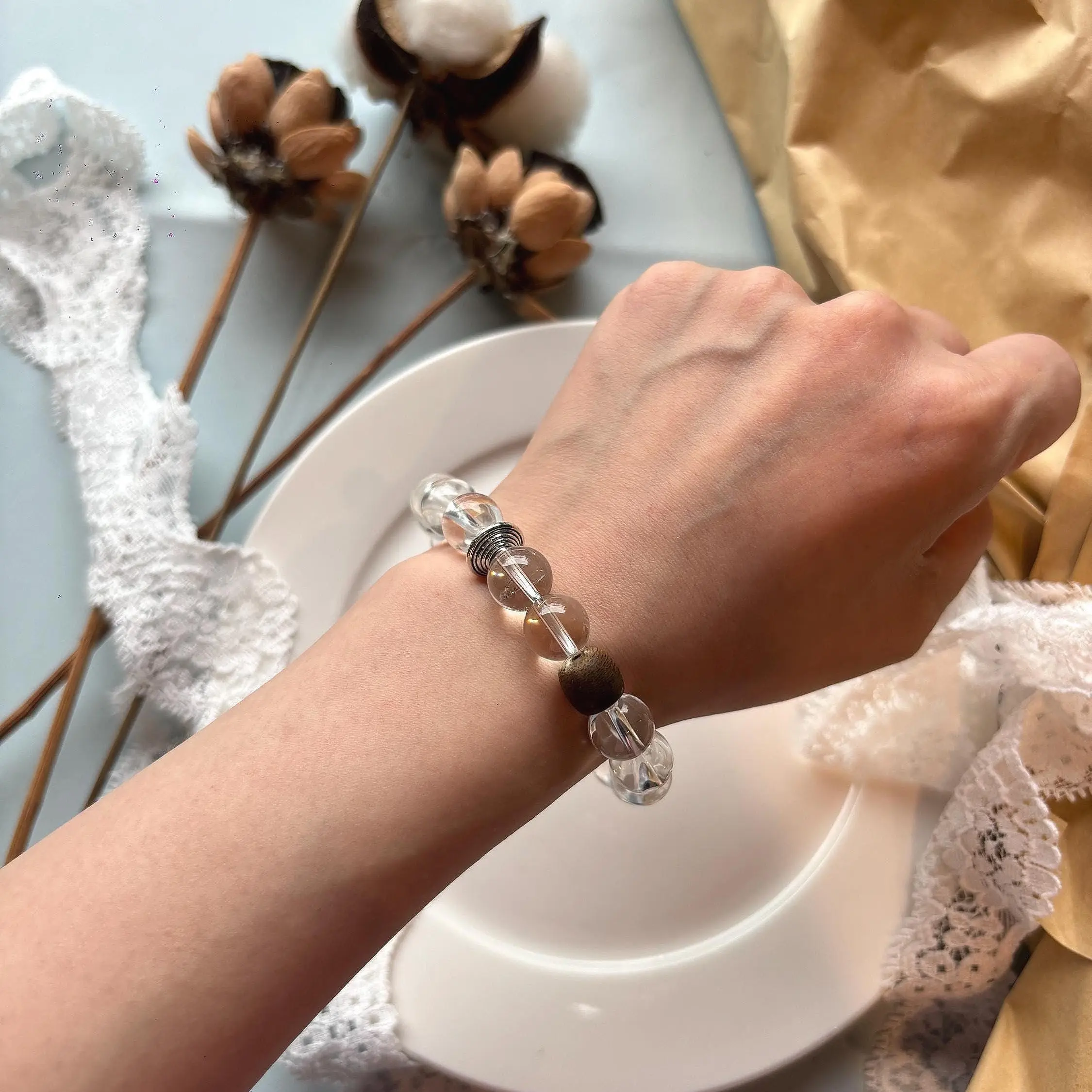 Clear Quartz Bracelet, Agarwood Bracelet, Handmade Crystal Bracelet, Minimalist Gemstone Jewelry, Meditation Gift for Her