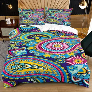 Vibrant Boho Paisley Duvet Cover Set, Colorful Bohemian Themed Bedding Set, 3D Digital Print Bed Set with Includes 1/2 Pillowcases - without Core, Soft Microfiber Bedding, All Season Cozy Quilt Cover for Eclectic Bedroom Decor Bedding Set