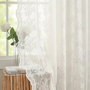 Vintage Lace Curtains 84 Inches Long-Flowers and Branch Sheer Lacy Curtains for Living Room French Door 1 Pair Rod, 52 x 84 Inch Ivory