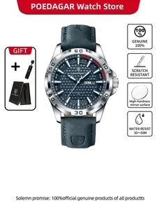 Poedagar Luxury Waterproof Night Light Date Week Men's Watch Luminous Analog Watch Quartz Sports Leather Watch Casual Fashion Men's Watch Best Choice for Gift Giving