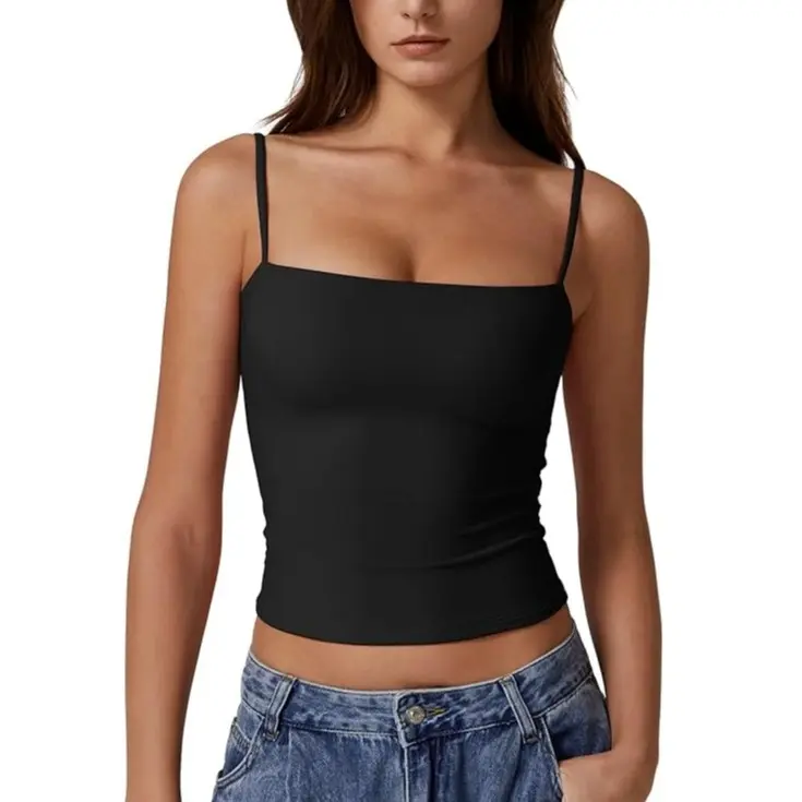 QINSEN Women's Double Lined Basic Tank Top Adjustable Spaghetti Straps Sleeveless Camisole Shirts QINSEN Women's Double Lined Basic Tank Top Adjustable Spaghetti Straps Sleeveless Camisole Shirts