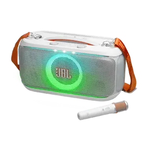 JBL PartyBox On-the-Go 2 Plus, Portable party speaker with real-time AI vocal removal, a wireless mic, powerful JBL Pro Sound, a dynamic lightshow, up to 15 hours of playtime, and a replaceable battery, plus a handle and shoulder strap