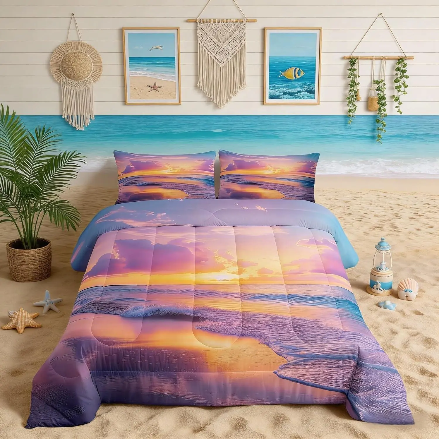 SunSet,Glow Sky Bedding Set,Pink Sea and Cloud Print Natural Scenery Theme,Girly Style Comforter Set for Kids Girls Boys Teens Polyester Quilted Duvet