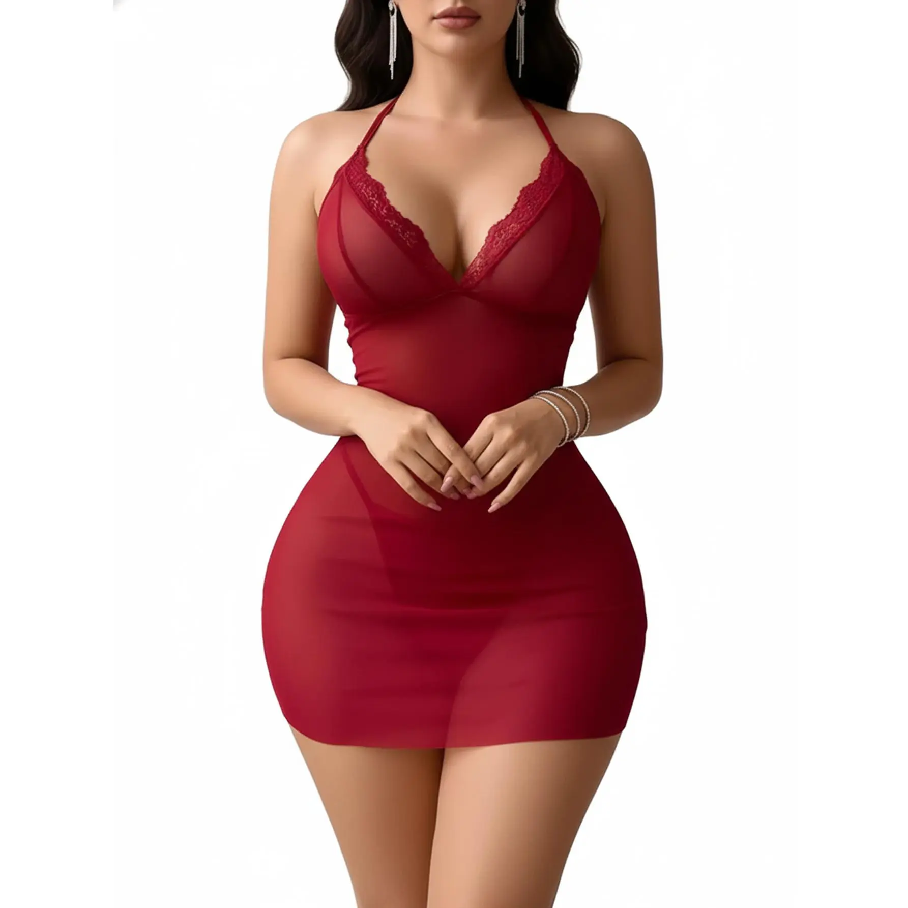 Elegant Backless Lingerie Dress With Pearl Details Women Sheer Halter Nightwear Set Curvy Plus Size Exotic Boudoir Outfit Sleepwear Birthday Bridal Shower Gift Soft Comfortable Intimates