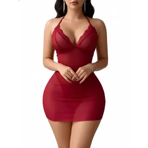 Elegant Backless Lingerie Dress With Pearl Details Women Sheer Halter Nightwear Set Curvy Plus Size Exotic Boudoir Outfit Sleepwear Birthday Bridal Shower Gift Soft Comfortable Intimates