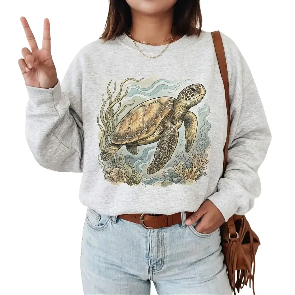 Women's Unisex Sea Turtle Retro Cotton Pullover Sweatshirt, Vintage Boho Style
