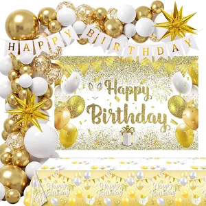 White Gold Birthday Party Decorations, 122PCS Happy Birthday Party Supplies Including Backdrop, Balloon Arch/ Garland Kit, Tabblecloth, Banner for Men Women Metallic Star