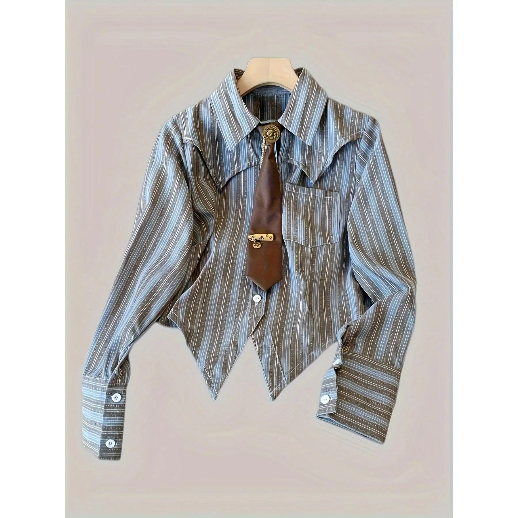 Women's Retro Stripe Print Shirt, Belted Long Sleeve Button-Down Top, Casual Fashion Chic for Spring Office Wear, Shirts, Tops, Button Front, Polyester