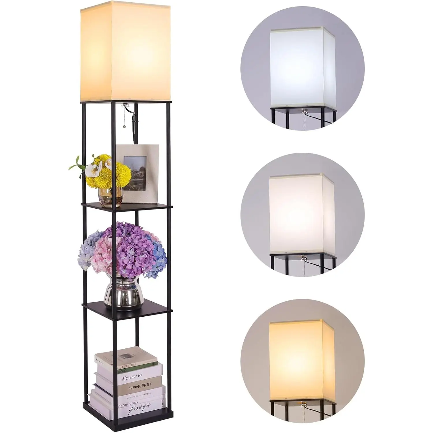 Floor Lamp with Shelves, Modern Square Standing Lamp with 3 Color Temperature Bulb, Corner Display Bookshelf Lamp for Living Room, Bedroom and Office (Black)
