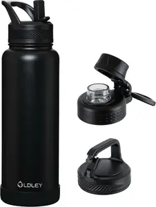 OLDLEY 40 oz Insulated Water Bottle With Straw, Stainless Steel Sports Water Cup Flask with 3 Lids(Straw, Spout and Handle Lid) Double Walled Travel Thermal Canteen Mug,Black