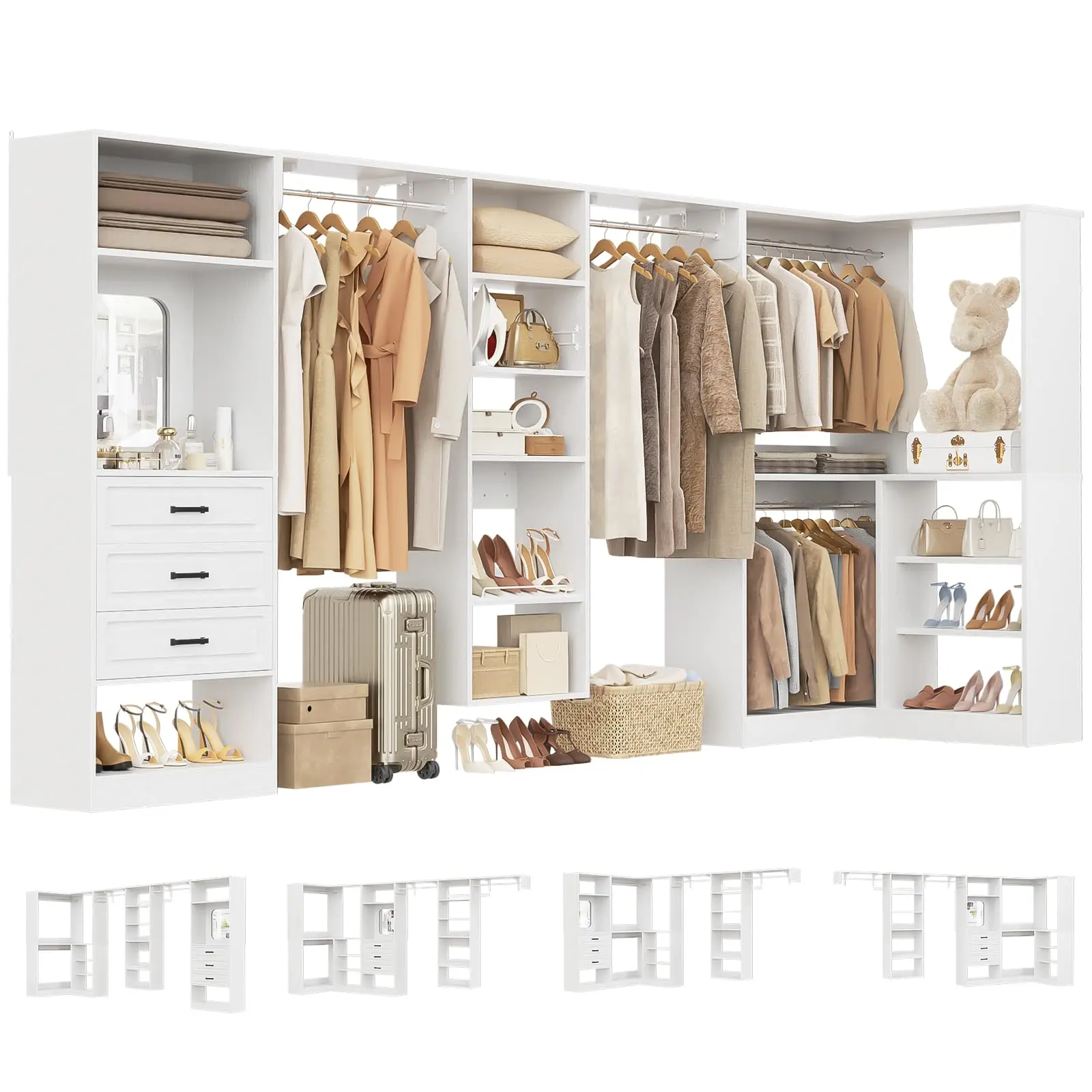 Unikito Modular Closet System with 3 Sets, 131”Corner Closet Organizer System With Mirror, Drawers, Hanging Rods & Adjustable Shelves, Freestanding Wood Wardrobe Organizer, Walk in Closet Tower