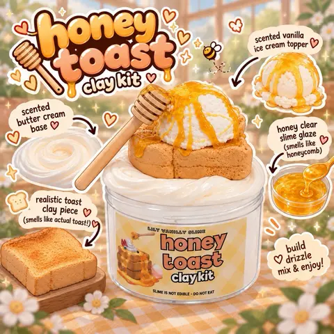 Honey Toast Clay Kit DIY with Butter Slime Base, Realistic Clay Toast & Ice Cream Piece, a Clear Slime Honey Glaze with a Honey Stick,Slime Food Kit