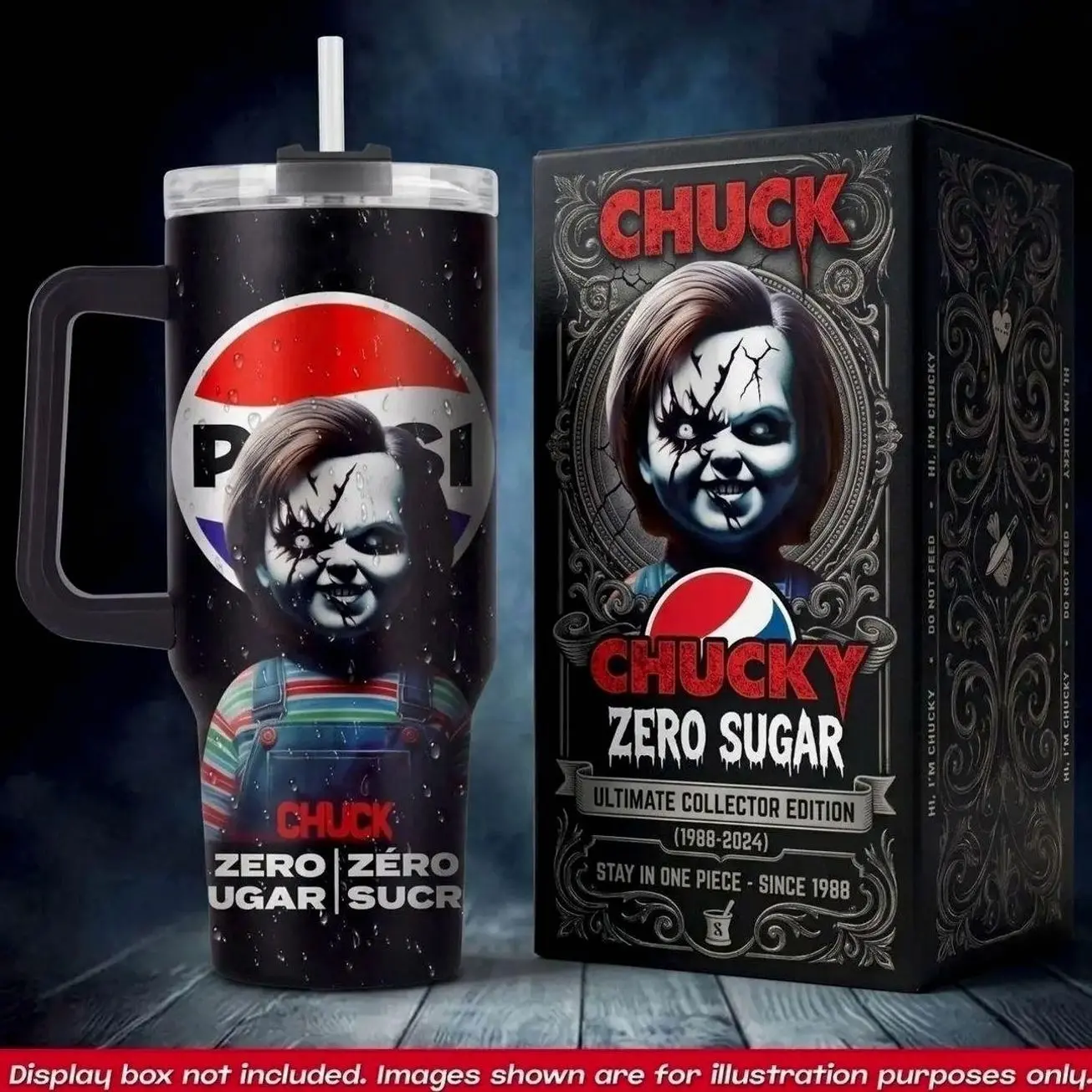 Chucky Pepsi 40oz Tumbler With Handle No Box, Zero Sugar Zero Sucre Travel Mug, Killer Doll Good Guy Insulated Cup, Horror Movie Soda Drinkware, Halloween Stainless Steel Coffee Water Tumbler, Ultimate Collector Edition Spooky Gifts