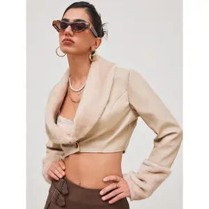 Cider [size 2-10] Faux Leather Solid Button Crop Jacket With Faux Fur Collar SwimWeek