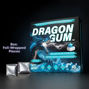 Dragon Gum Icy Mint - 16 Pieces with 1 Billion CFU of Probiotics, Energy Boost, Remineralizing, Zero Sugar, Vegan, Gluten-Free, Proprietary Liquid Center Technology