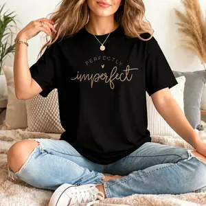 Plus Size, Women's Oversized "The Perfect Imperfection" T-Shirt - Loose Fit Round Neck Short Sleeve Top Suitable for Spring Summer Fall, Casual Casual Attire with Lettering Print