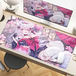 Desk Pad Sakura Catgirl Pastel Pink Desk Pad Gaming Mousepad XXL Mouse Pad For Laptop Desk Mouse Pad Extra Large With Non-Slip Rubber Base Stitched Edges Surface For PC Gamers Office Workers & Home Use As Romantic Spring Gift Idea