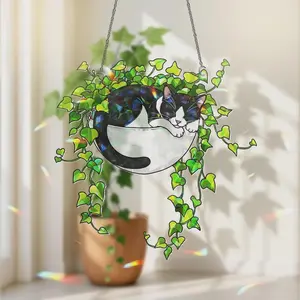 Tuxedo Cat Sleeping in Ivy Suncatcher: Holographic Acrylic Window Hanging, Plant Lover Ornament