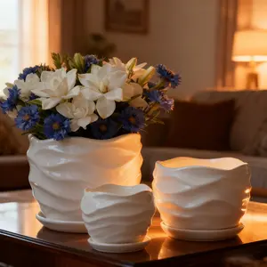 3-pcs Wavy Ceramic Light-Glazed Planter Set 3 Sizes Aesthetic Home Decor for Plants Indoor Flower Pot with Drainage Tray White Wavy Design Ideal for Various Plants unique  planter indoor outdoor