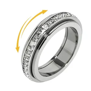Titanium Steel Spinner Fidget Ring, Cubic Zirconia Anxiety Ring, Stress Relief Promise Wedding Band for Men Women, Size 5-12 outdoorfun