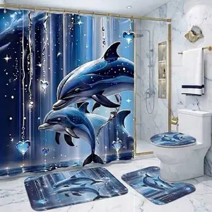 4Pcs Shower Curtain Set Blue Dolphins, Heart Droplets, Starry Waterfall, Bathroom Sets with Rugs, Christmas Halloween Thanksgiving, Bathroom Decor, Graceful Blue Dolphins With Heart Droplets And Sparkling Stars In A Dreamy Waterfall Ocean Scene