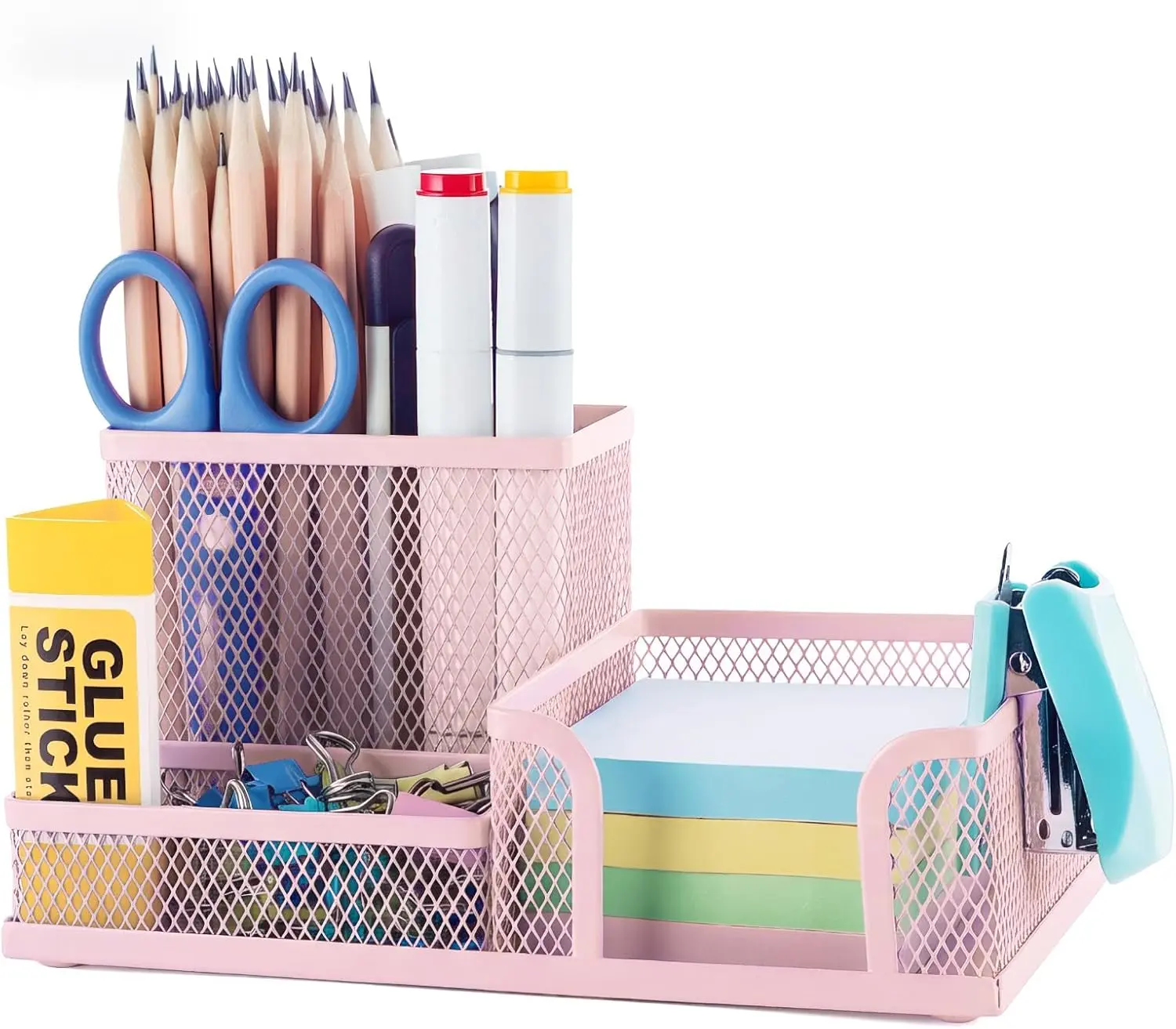 Mesh Pen Holder Desk Organizers Pencil Holder for Desk Pink, 3 Compartments Metal Office Supply Organizer with Sticky Notes Holder for Home Office