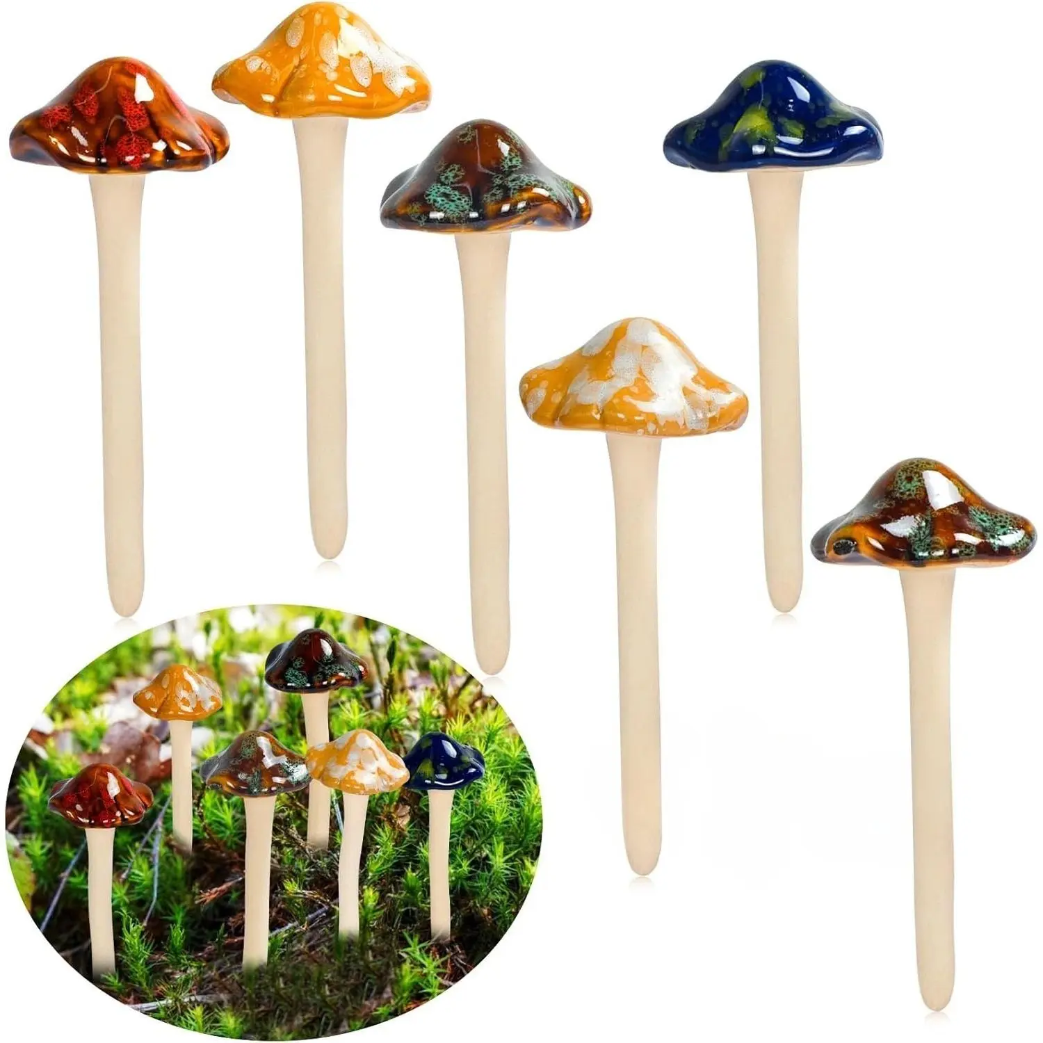 6 Pcs Garden Decor Mushrooms, Ceramic Mushroom for Garden Fairy Yard Decoration DIY Ornament for Dollhouse Potting Shed Flowerpot Plants Lawn Garden Outdoor Statue