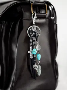 Fashion Vintage Turquoise Heart Cross Pendant Long Fringe Velvet Keychain, Fashionable Alloy Keychain, Stylish Keychain, Versatile Bag Chain Key Ring, Unisex Accessory