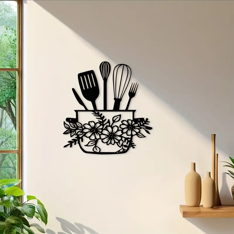 Kitchen Wall Art, Flower & Cookware Pattern Wall Decor, Wall Hanging Decor for Home Kitchen, Home Decor, Room Decor, Kitchen Decor, Modern Home Decor, Aesthetic Wall Decor, Wall Decoration
