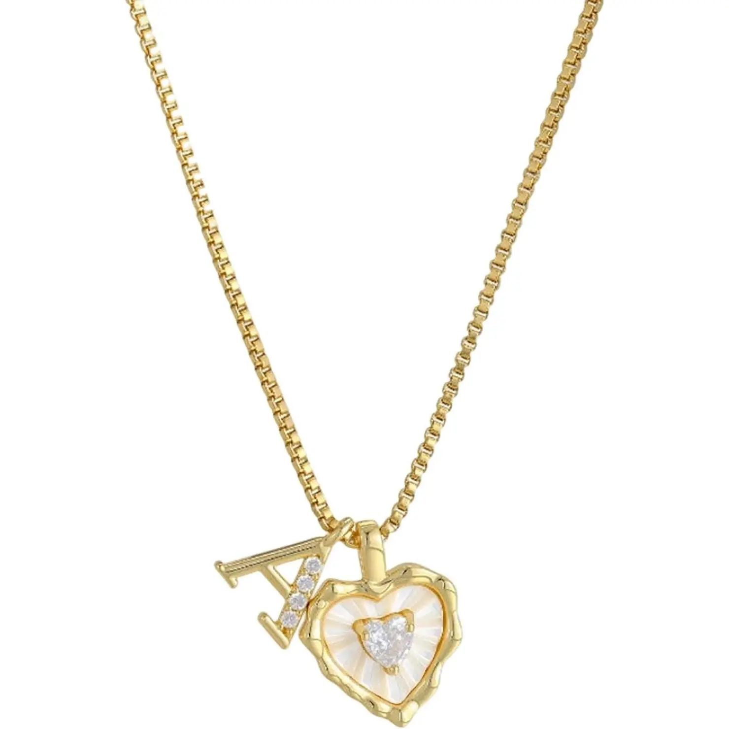 Heart Shaped Letters Micro Pave Chain Necklace, 18K Gold Plated Initial Pendant Personalized A-Z 26 Alphabet Charm Choker Necklaces Iridescent Shell Heart Inlaid Jewelry Gifts for Women
