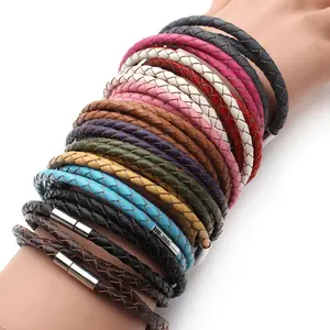 1Strand Wide 4mm Genuine Braided Leather Bracelet Three Circles with Magnetic Clasps Charm Bangle for Men Women jewelry Gifts