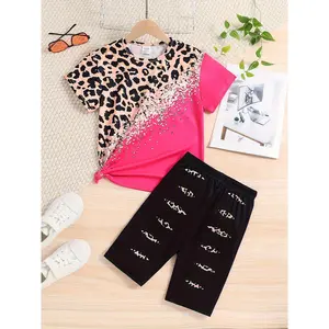 2Girls' Summer Fashion Set,Leopard print short sleeveTShirt and Elastic Waist Shorts,Breathable polyester blend,Sports Style,Elastic fit,Casual Wear,Suitable for Outdoor,Anti-Sweat