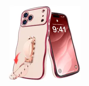XYZ for iPhone 16/17 Pro Max Case with Stand for Galaxy 25 Ultra Wavy Edge Phone Case with Finger Grip Strap Women Girls Luxury Cute Slim Protective Cover