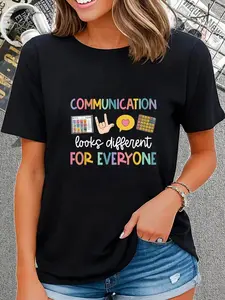 Men's Classic Cotton Short-Sleeve Round Neck T-Shirt, Casual Fashion Graphic Top with "Communication Looks Different For Everyone" Speech Therapy Design, Summer Wear