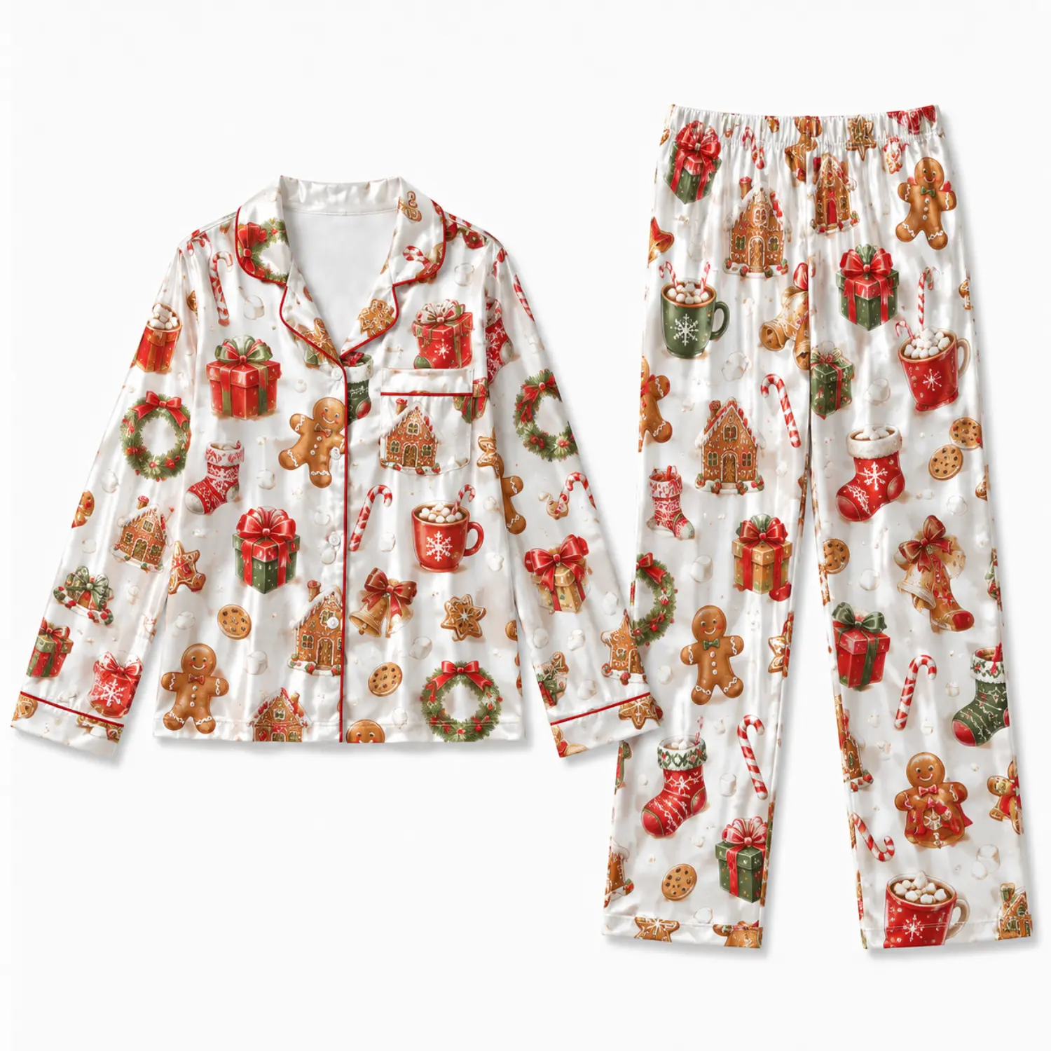 Christmas Print Long Sleeve Button Pajama Set with Piped Trim and Elastic Waist Pants for Cozy Winter Sleepwear